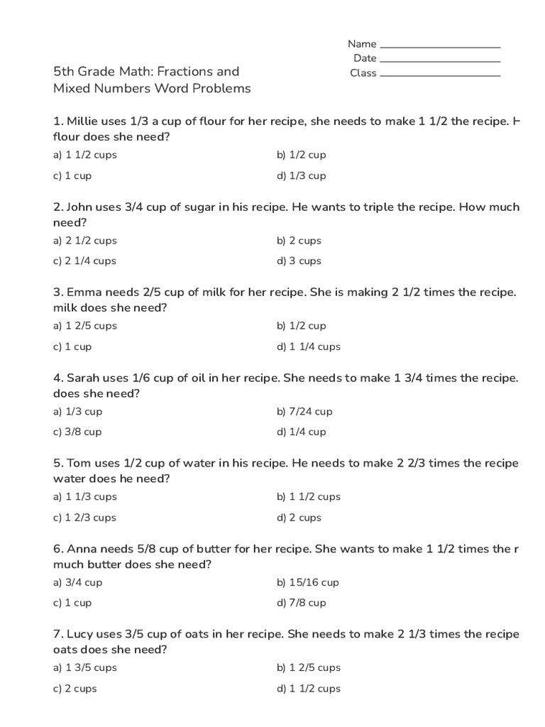 5th Grade Math_ Fractions and Mixed Numbers Word Problems | PDF | Chess ...