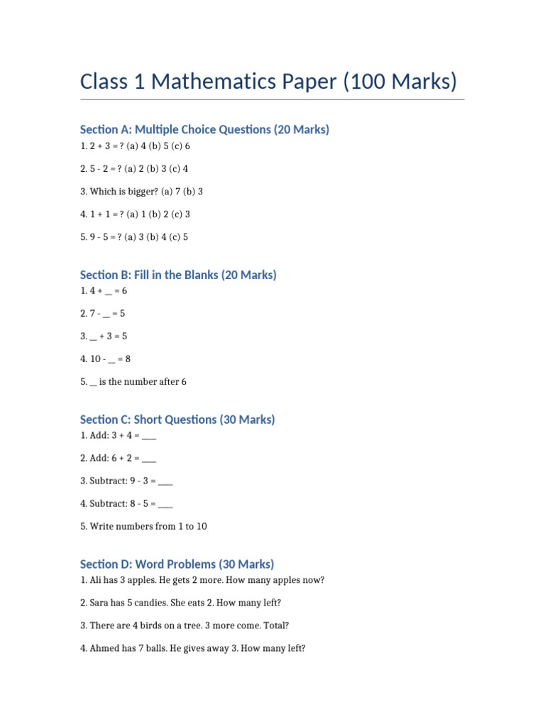 Class1 Math Paper-1 | PDF