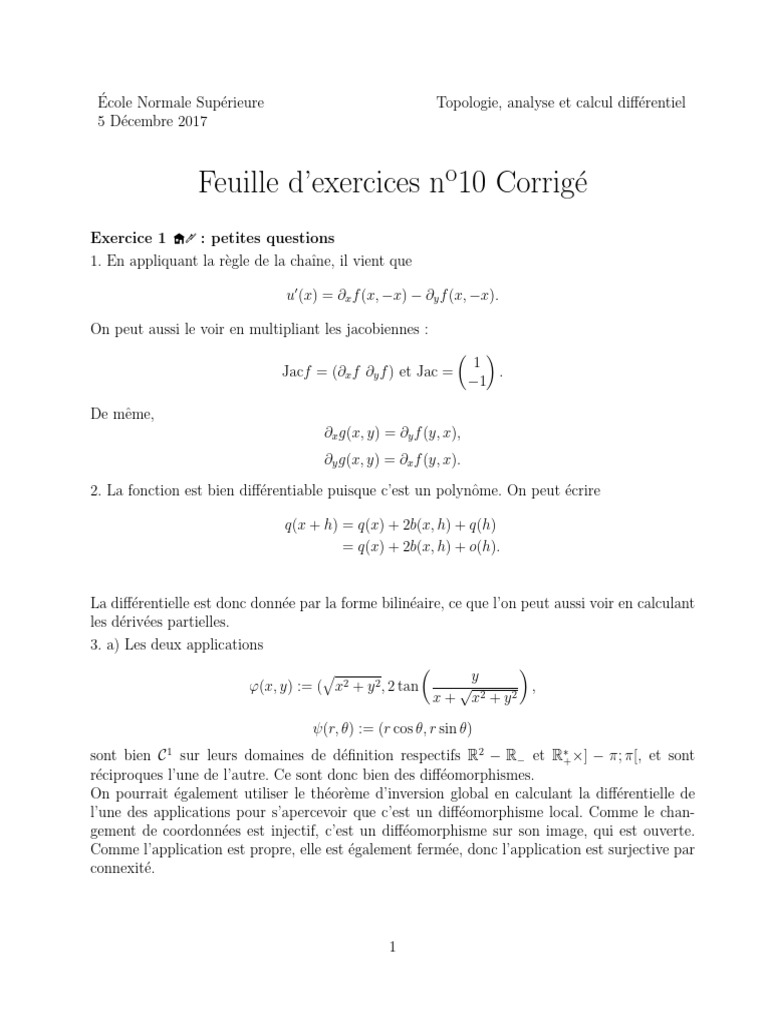 TD10 Calcul Différentiel 1 CORRIGE | PDF | Déterminant | Variété ...
