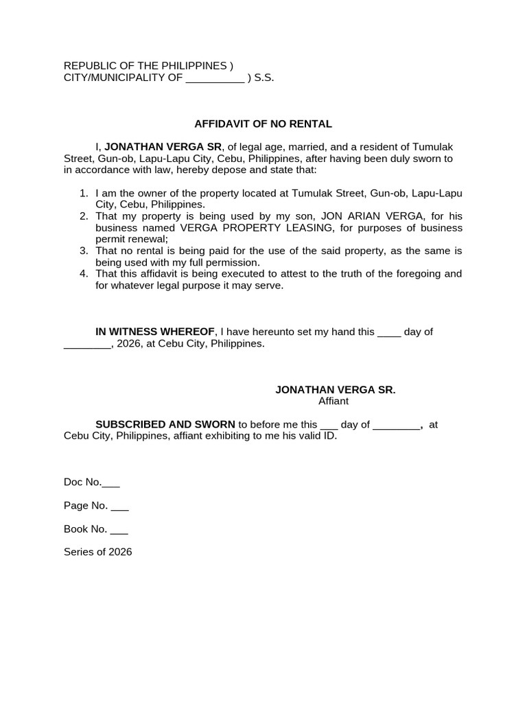 Affidavit of No Rental_verga | PDF