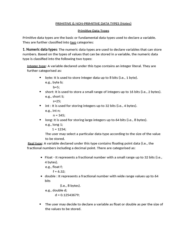 Primitive & Non-primitive Data Types - Notes | PDF | Data Type ...