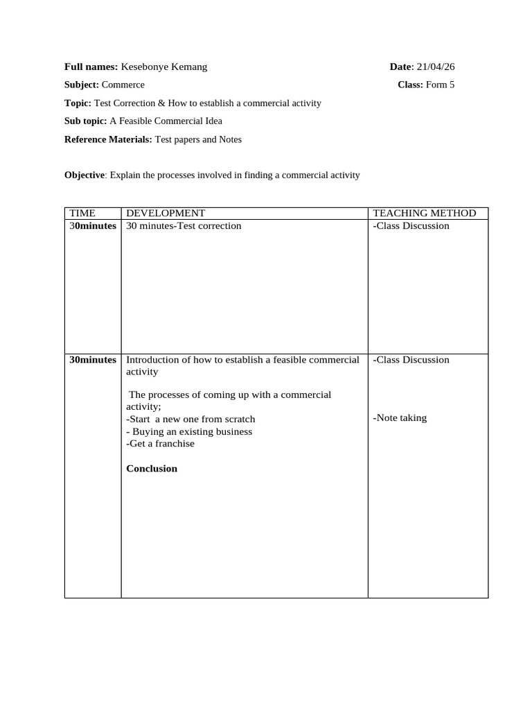 Commerce-Lesson Plan Kemang | PDF