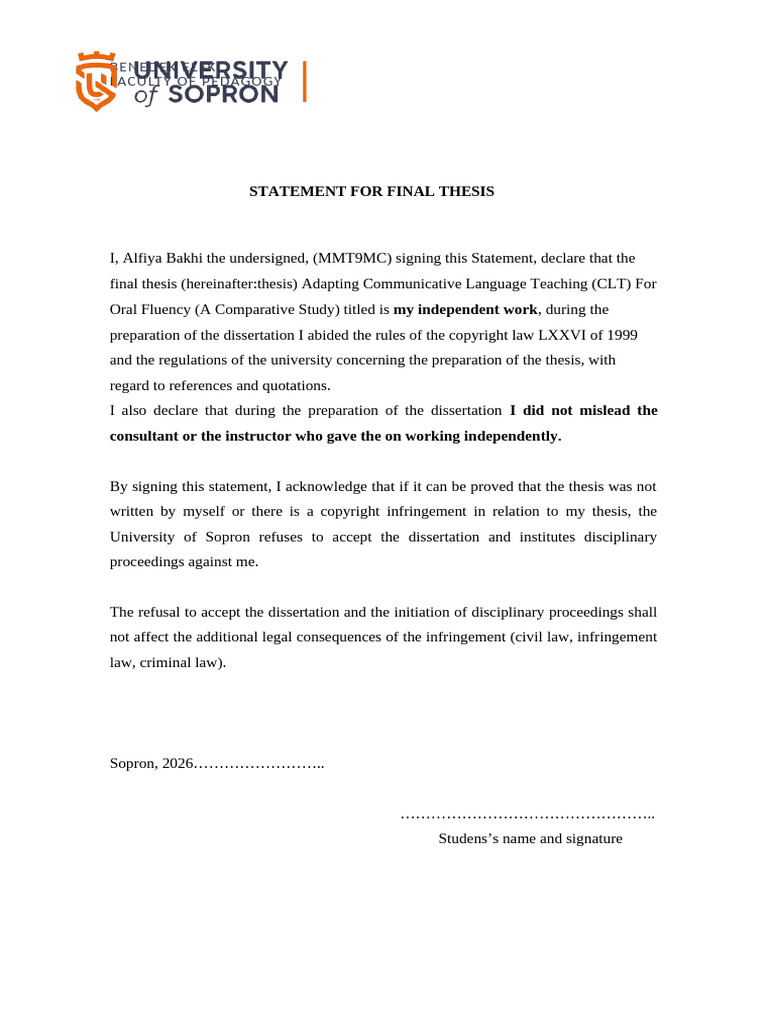 Statement for Final Thesis En | PDF