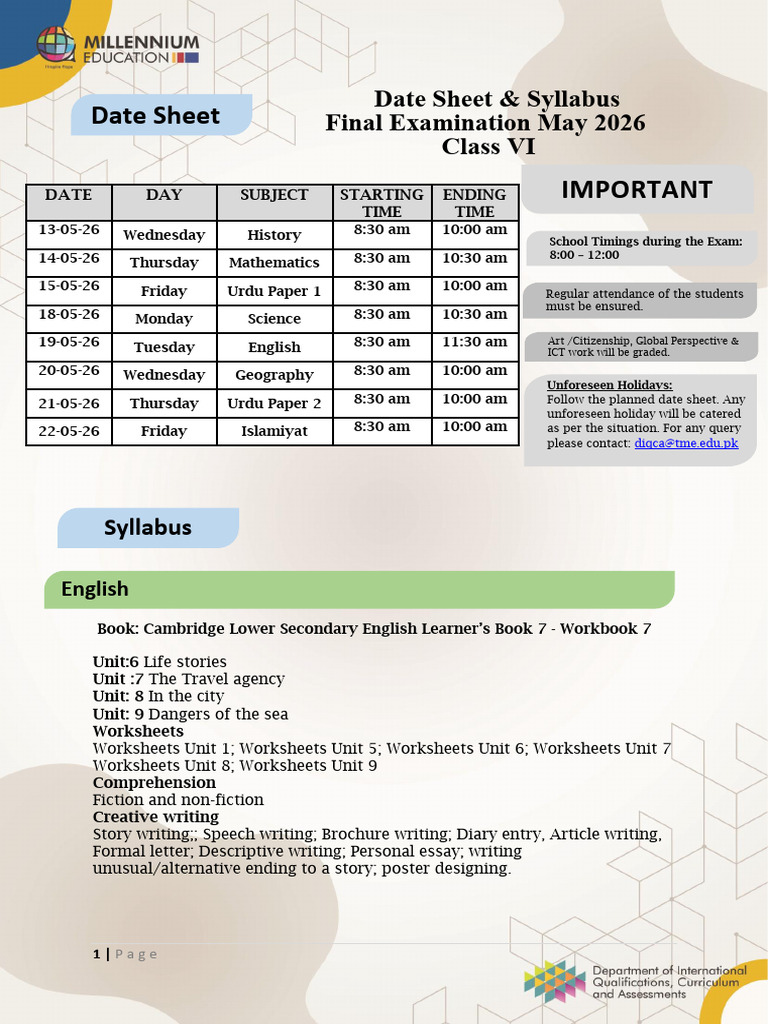 Grade 6 Date Sheet and Syllabus Final Examination May 2025 | PDF ...