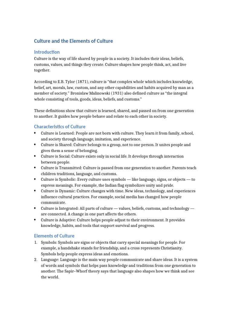 Culture and the Elements of Culture (1) | PDF | Idea | Traditions