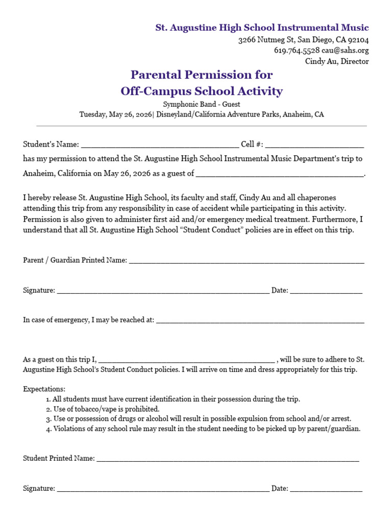 Disney Permission Slip for Guests - 2026 | PDF