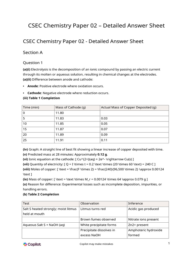 CSEC Chemistry Paper 02 – Detailed Answer Sheet | PDF | Acid | Hydroxide