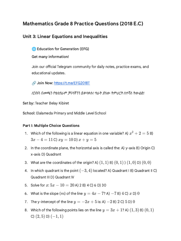 Mathematics Grade 8 in 2018 Unit Three 40 Practice Questions | PDF ...