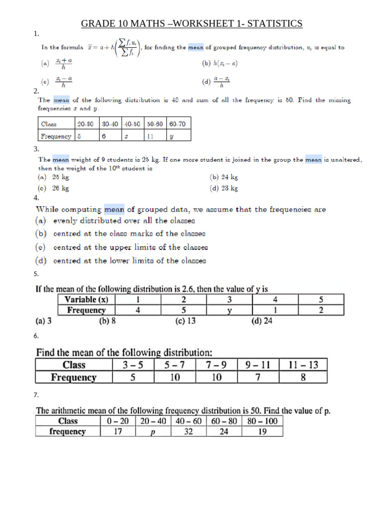 Worksheet 1- Statistics - Grade 10 Maths | PDF