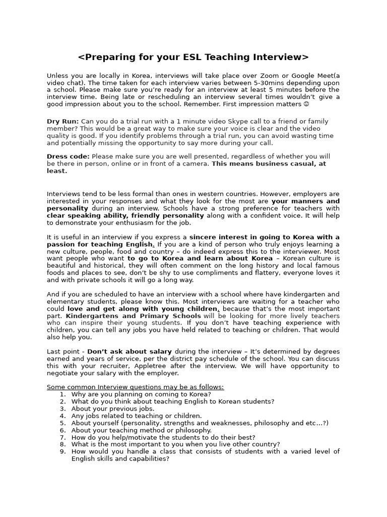 Preparing for ESL Teaching Interview Tip (1) | PDF