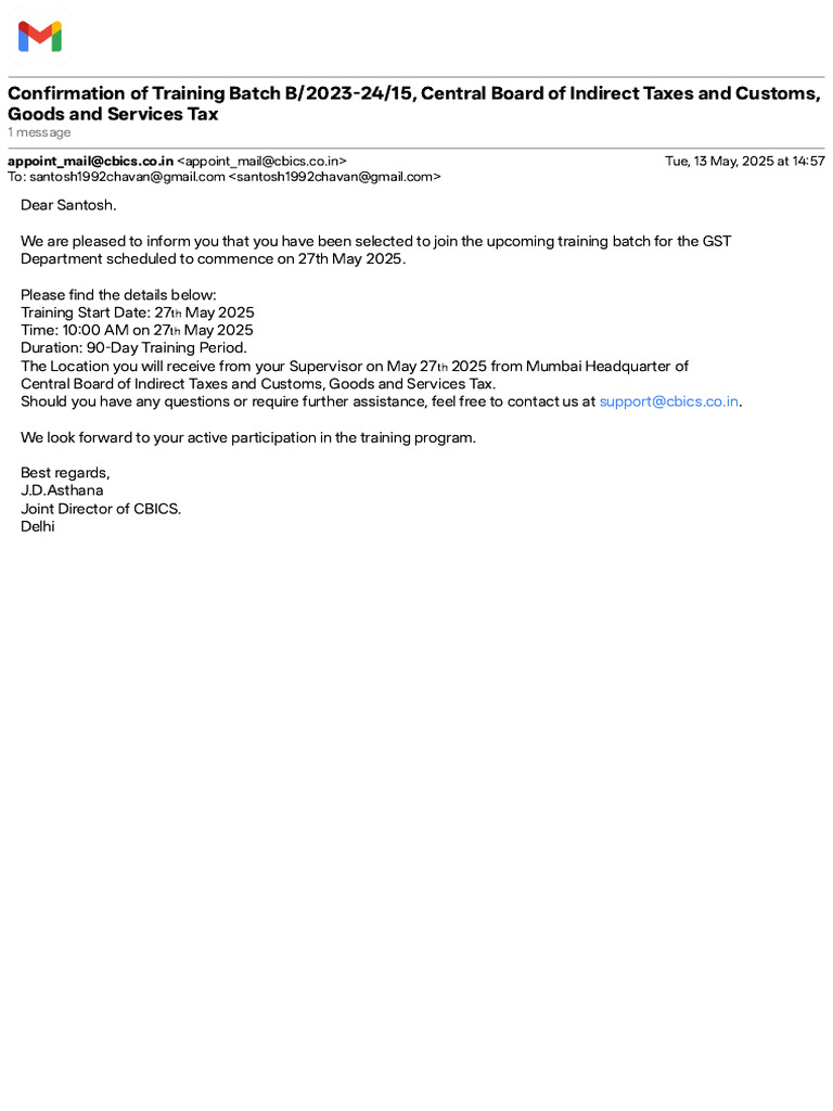 Gmail - Confirmation of Training Batch B_2023!24!15, Central ... (1) | PDF