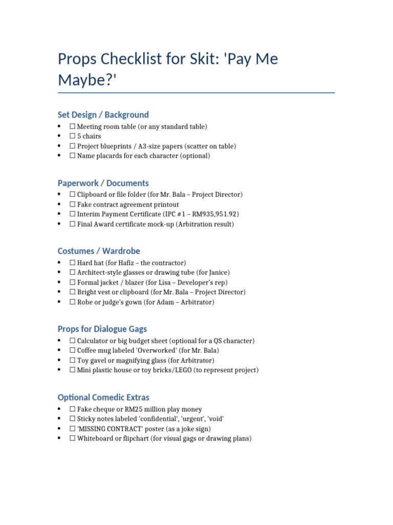 Props Checklist Pay Me Maybe | PDF