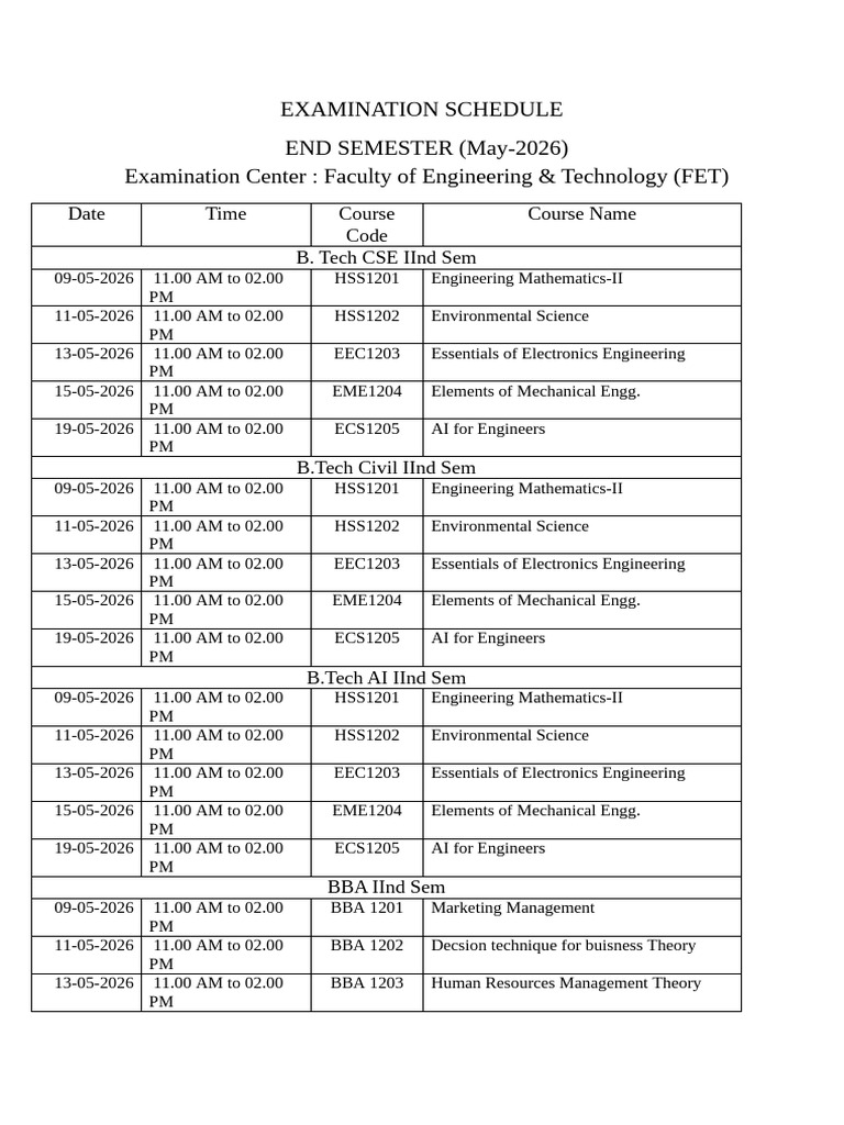 EXAMINATION SCHEDULE Even Sem | PDF | Artificial Intelligence ...