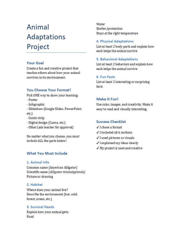 Animal Adaptations Project | PDF