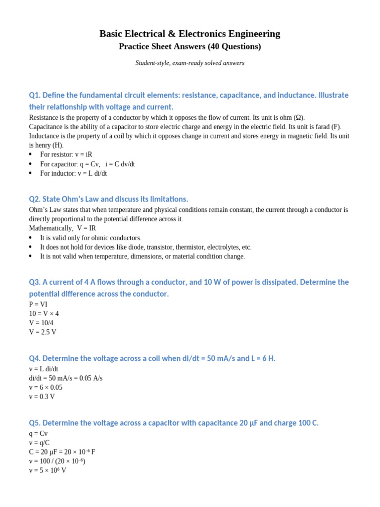 Basic EEE Practice Sheet Answers v2 | PDF | Inductance | Series And ...