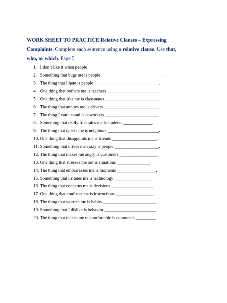 WORKSHEET to PRACTICE Relative Clauses Page 5 Cycle 2 2026 | PDF