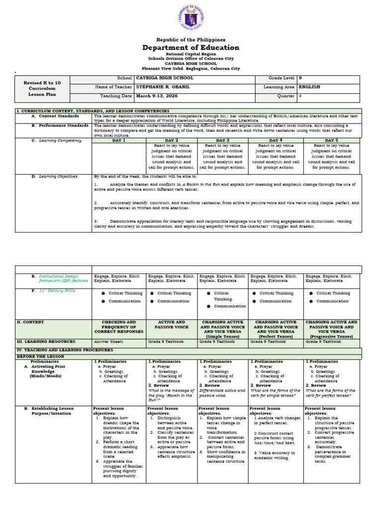 Quarter 4 Week 7 English 9 Weekly Lesson Plan | PDF | Grammatical Tense ...