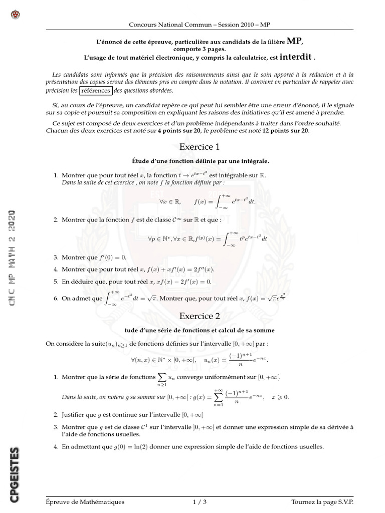 CNC MP Math 2 2020 | PDF | Matrice (Mathématiques) | Limite (mathématiques)