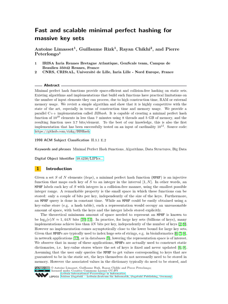 2017 - Fast and Scalable Minimal Perfect Hashing for Massive Key Sets ...