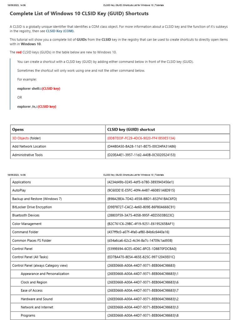 CLSID Key (GUID) Shortcuts List for Windows 10 _ Tutorials | PDF ...