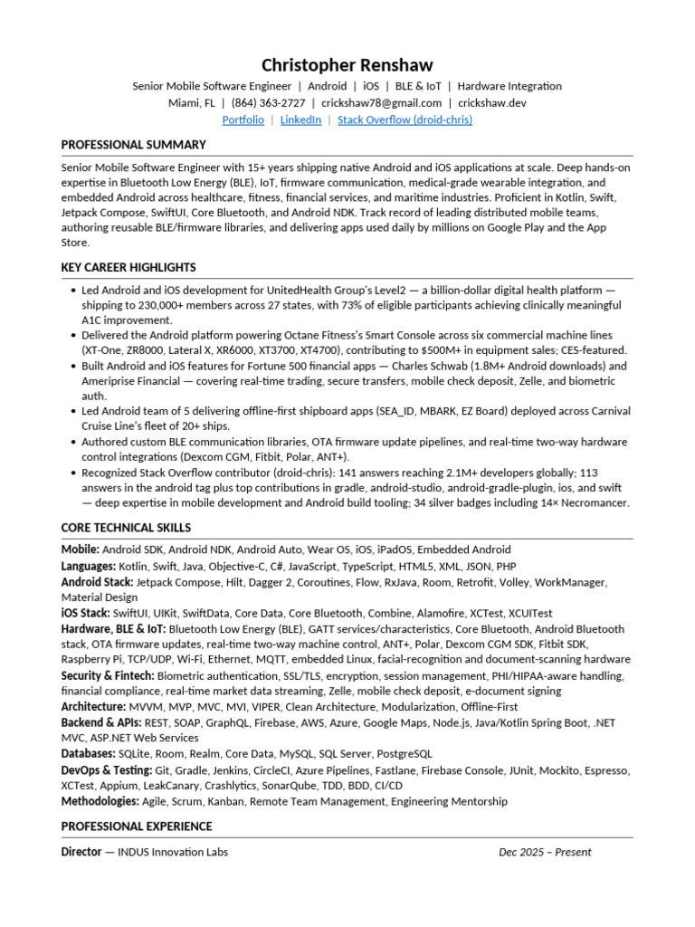 Christopher Renshaw Resume | PDF | Android (Operating System) | Mobile App