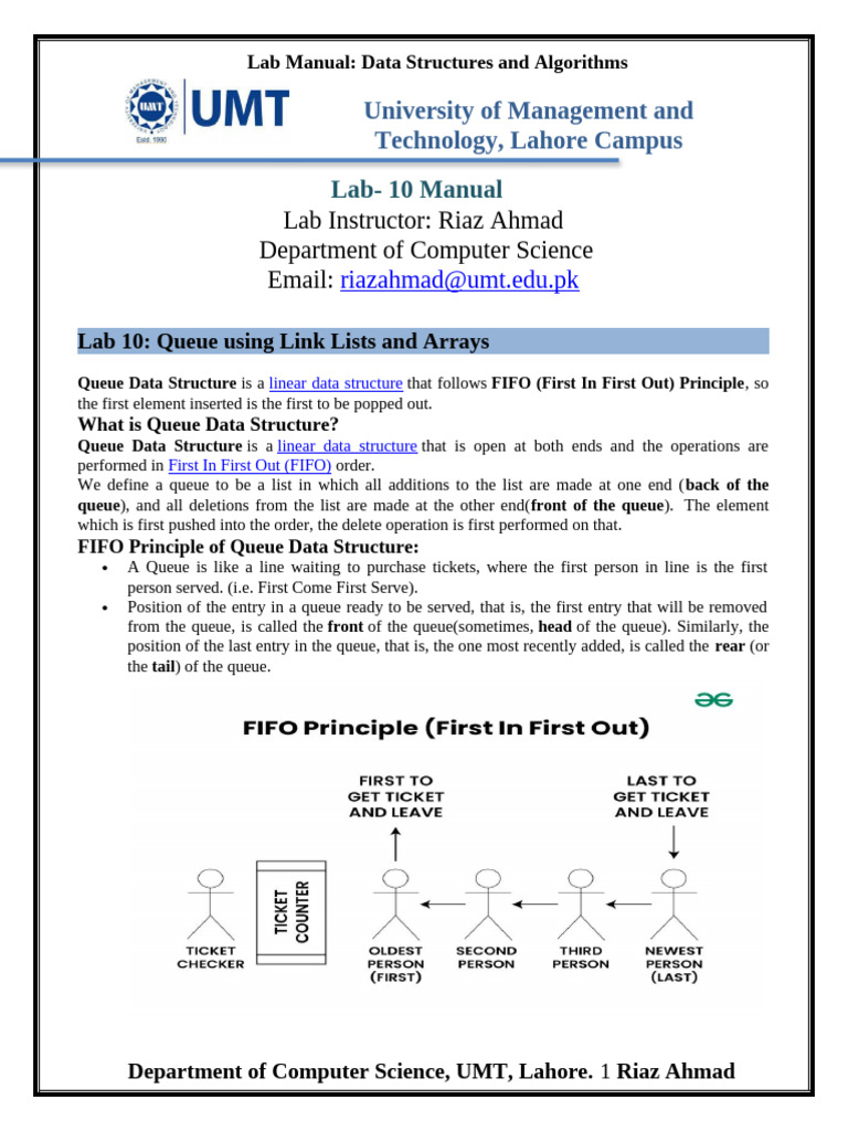Lab Manual 10 - Queue Using Arrays and Link List | PDF | Queue ...