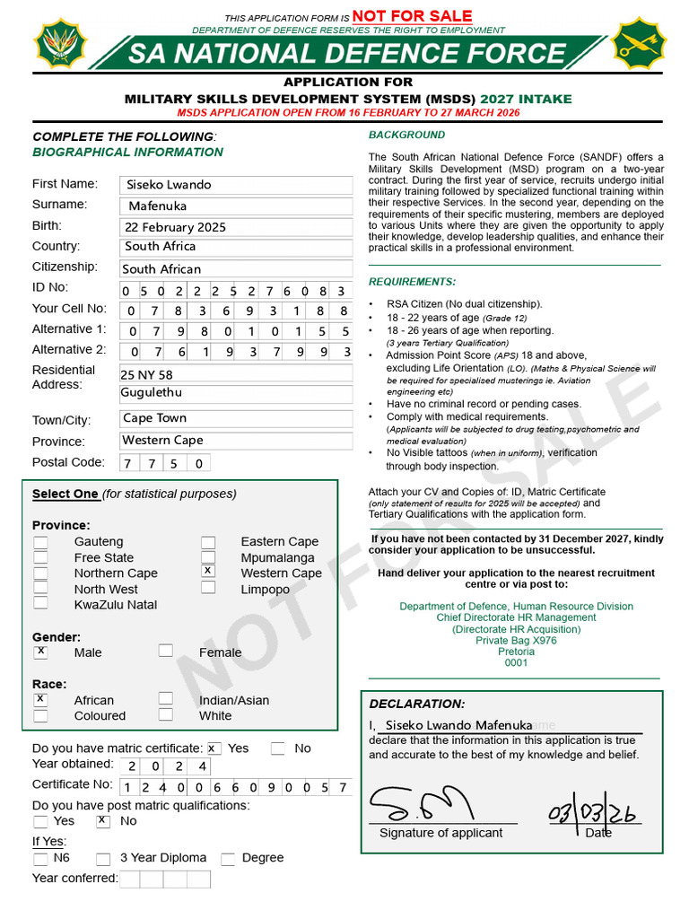 The SANDF MSDS Application 2026 | PDF