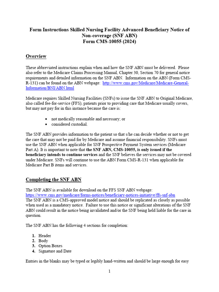 SNF ABN Instructions 2024 | PDF | Medicare (United States) | Fee For ...