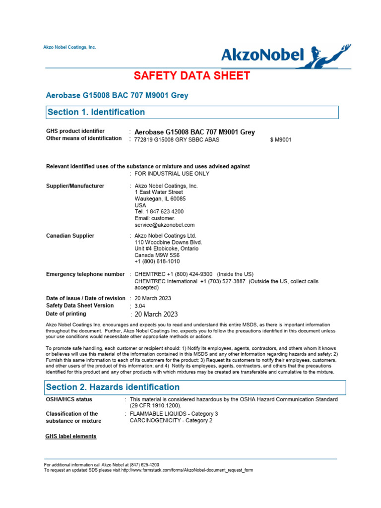 AkzoNobel Aerobase G15008 BAC 707 M9001 Grey SAFETY DATA SHEET | PDF ...