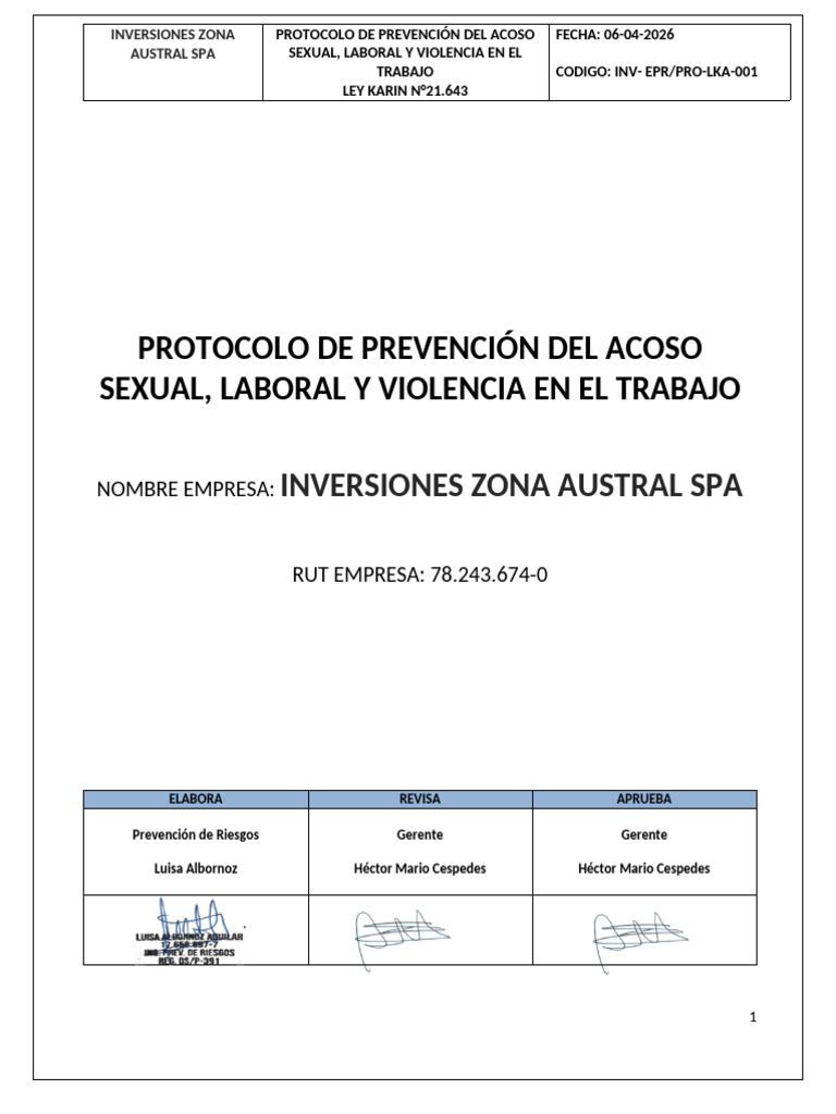 Protocolo de Prevencion Del Acoso Sexual, Laboral y La Violencia en El ...