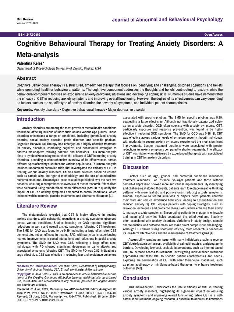 Cognitive Behavioural Therapy for Treating Anxiety Disorders a ...