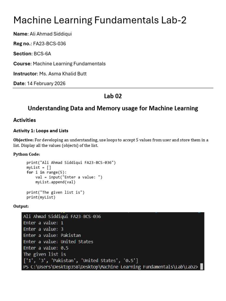 Machine Learning Fundamentals Lab-2 FA23-BCS-036 Ali Ahmad Siddiqui ...