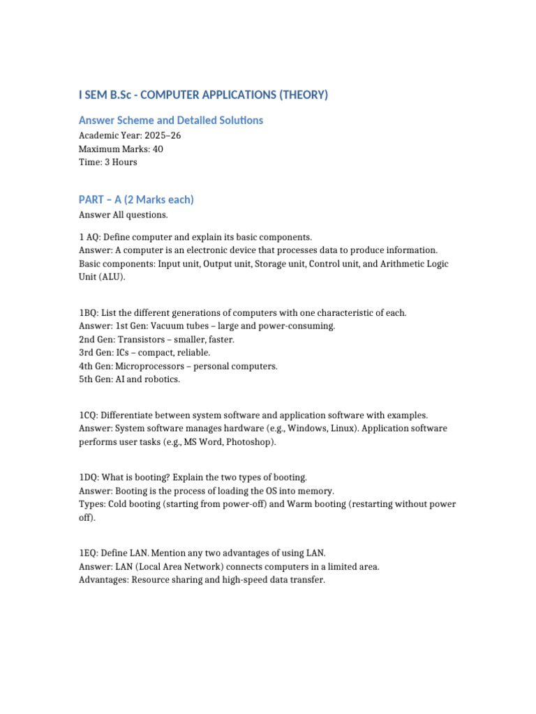I_SEM_BSc_Computer_Applications_Answer_Scheme SET 1 | PDF | Computer ...