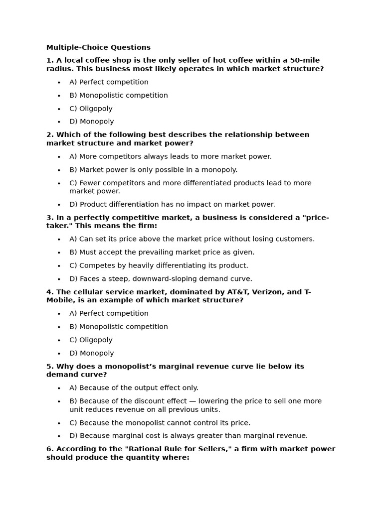 Market Structures Questions | PDF | Market Power | Monopoly