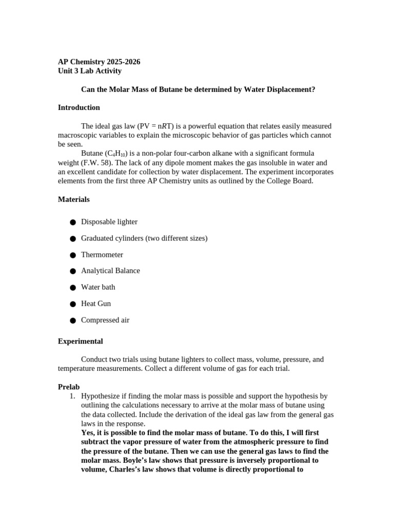 Copy of Unit 3 Lab 1 Molar Mass of Butane | PDF | Gases | Mole (Unit)