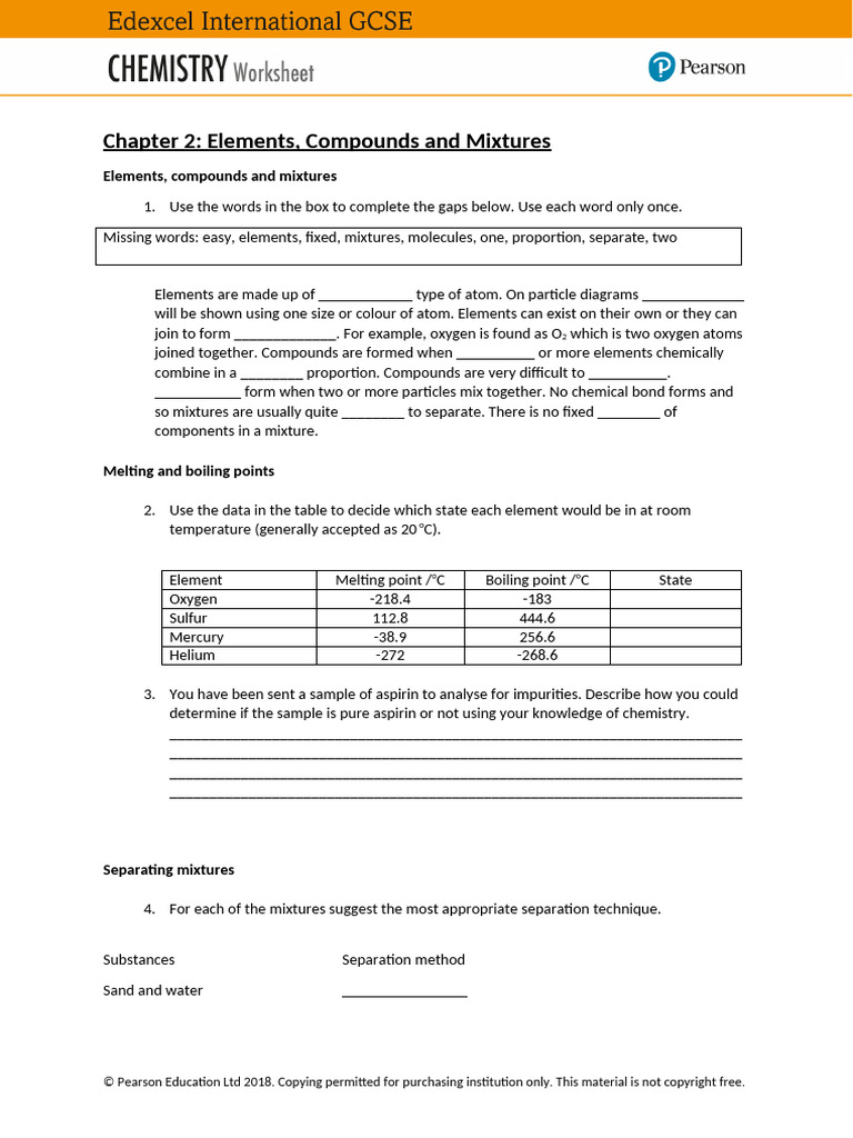 IGCSE Chem Worksheet 2 Elements | PDF