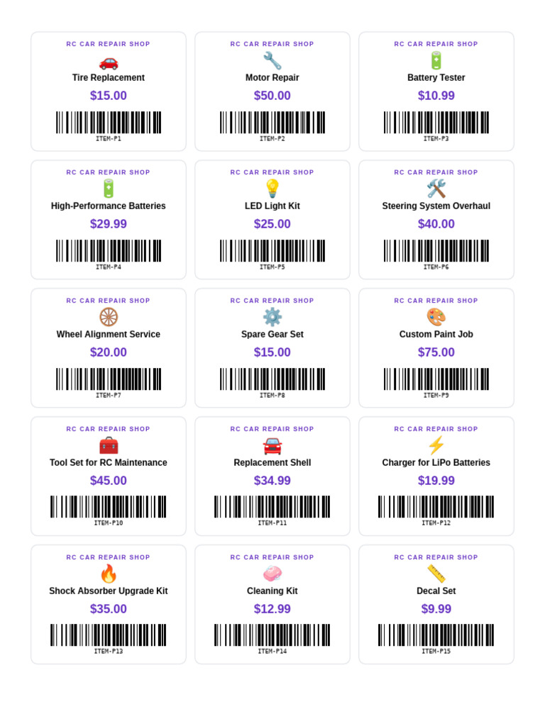 Item Labels - Rc CAR Repair Shop | PDF