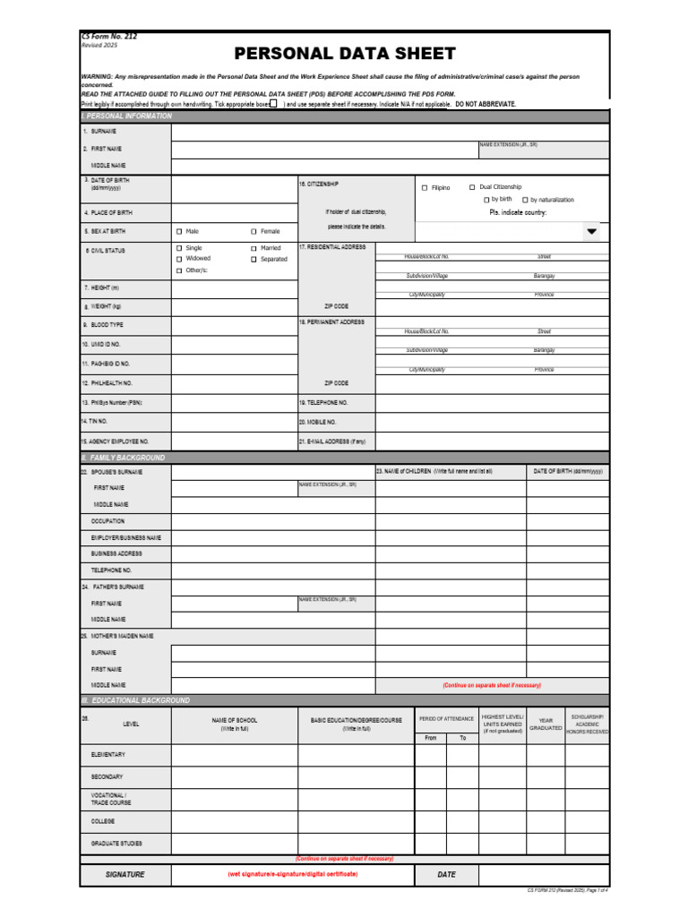 Form No. 212 Revised 2025 - Personal Data Sheet | PDF