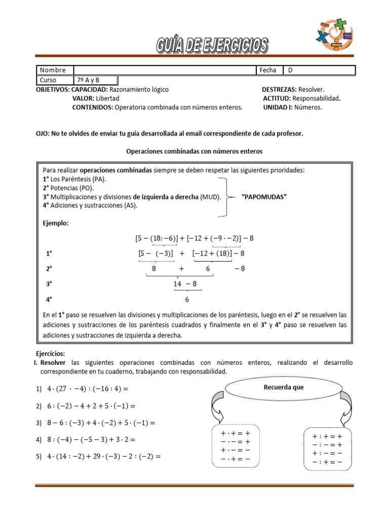Guia de Operaciones Combinadas Con Enteros7ab | PDF | Entero