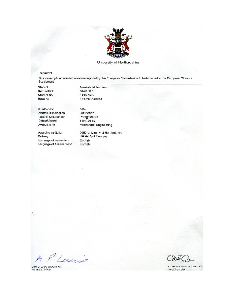 MSc Transcript and Grading | PDF