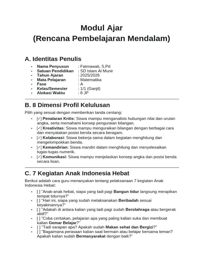 Modul Ajar RPM MTK Kelas 1 | PDF