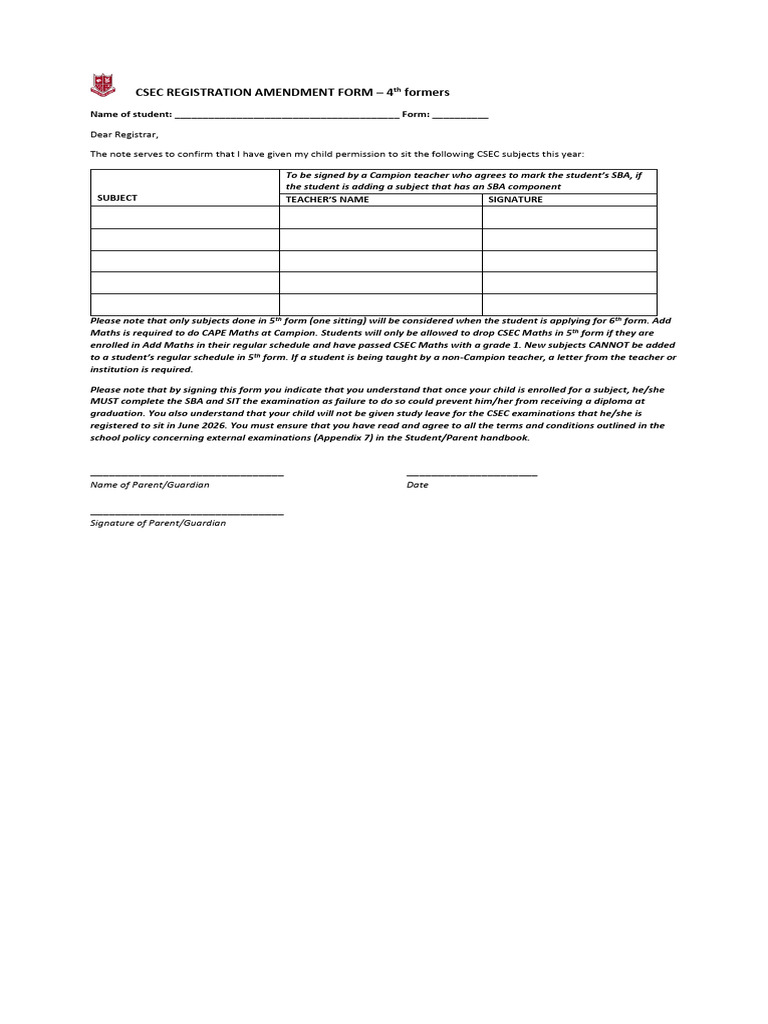 Csec Registration Amendment Form - 4th Form 2026 Single | PDF
