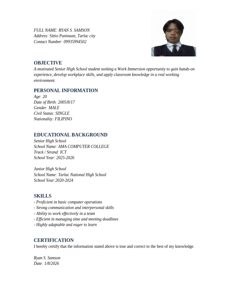 Work Immersion Resume Fillable | PDF