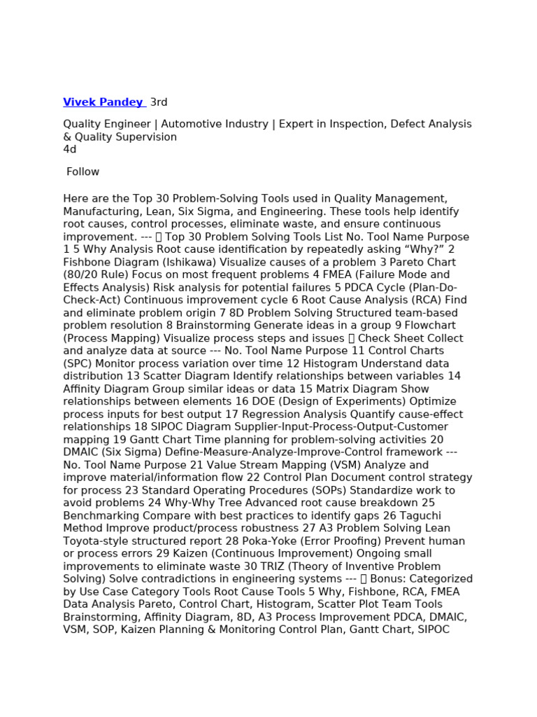 30 Tools for Lean, Problem Solving | PDF | Systems Thinking | Quality ...