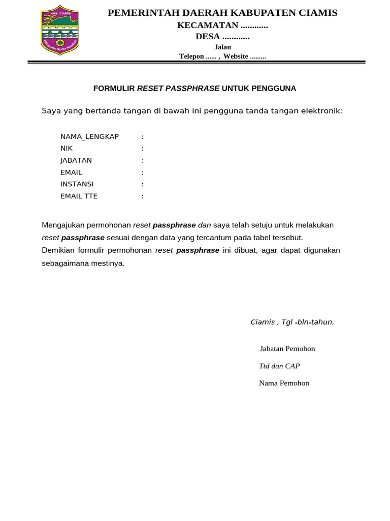 Form Reset Passphrase Untuk Pengguna - Rev (2) | PDF