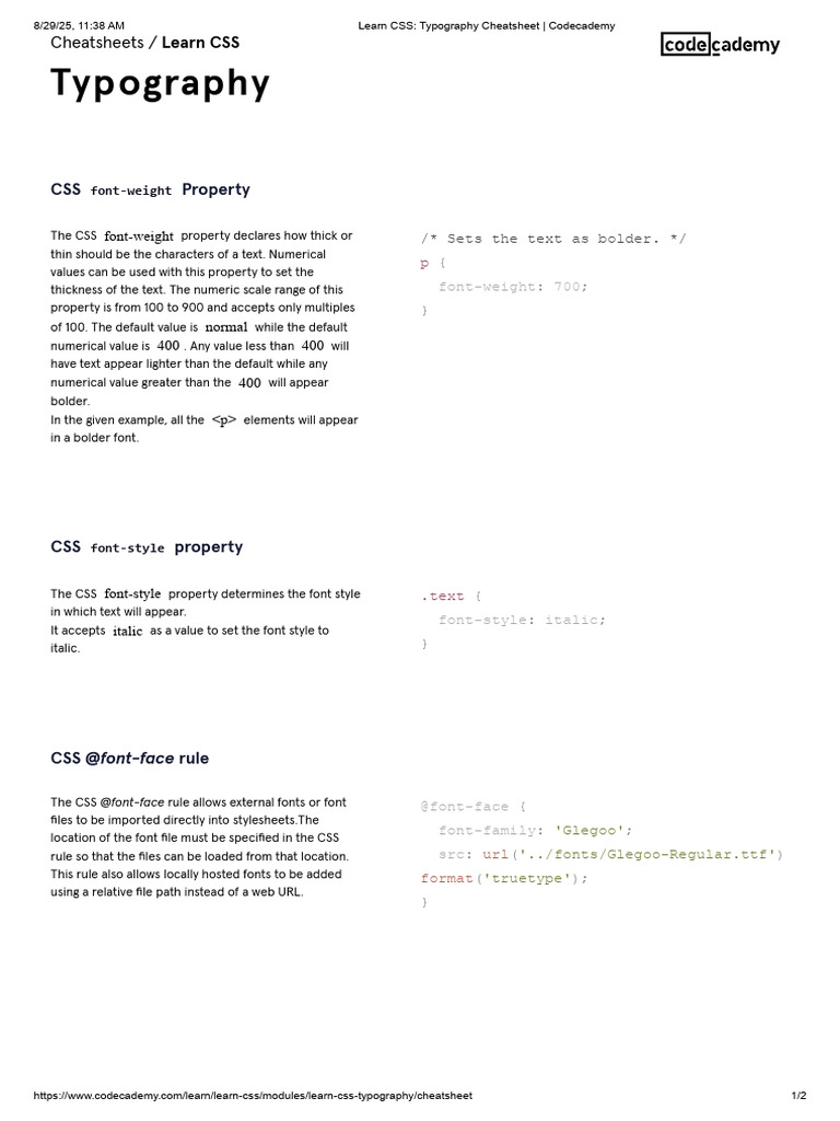 Learn CSS_ Typography Cheatsheet _ Codecademy | PDF | Design | Printing