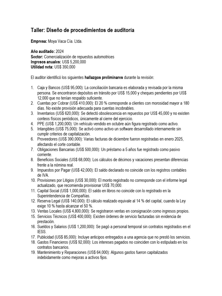 Taller Diseño de Procedimientos de Auditoría | PDF | Contabilidad ...