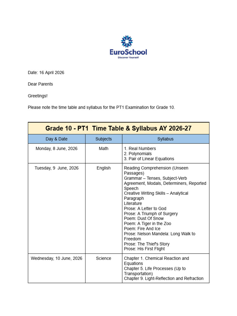 Grade 10 PT1 Time Table AY2026-27 | PDF