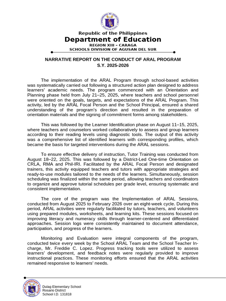 DULAG ES_ARAL PROGRAM ACCOMPLISHMENT REPORT | PDF | Teachers | Learning