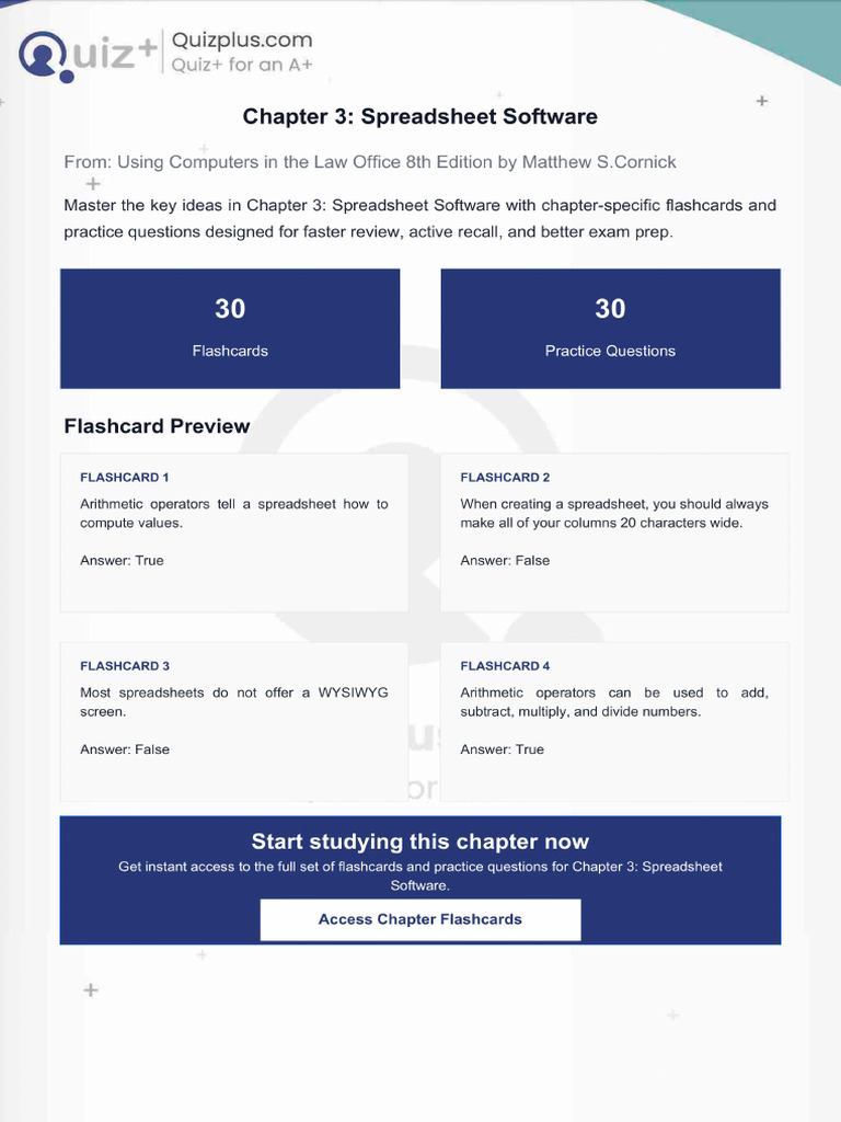 Flashcards for Chapter 3 Spreadsheet Software | PDF